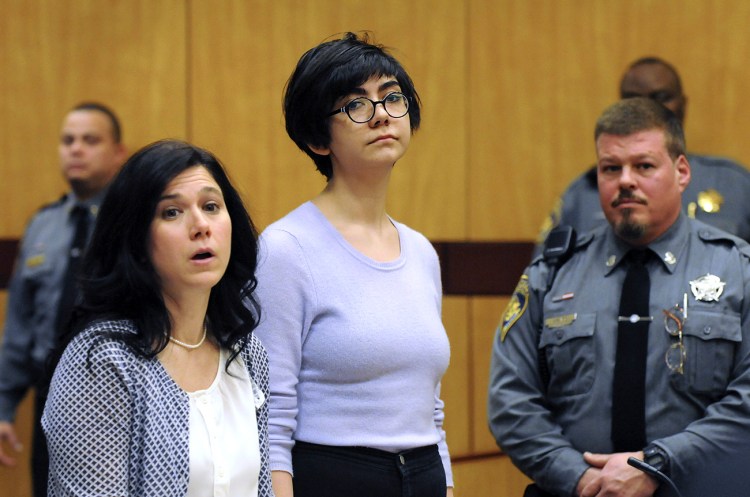 Wesleyan University sophomore and neuroscience major Rama Agha Al Nakib, 20,  stands during her arraignment at Middletown, Conn., Superior Court on Wednesday, for possession of controlled substances and other charges. The Associated Press