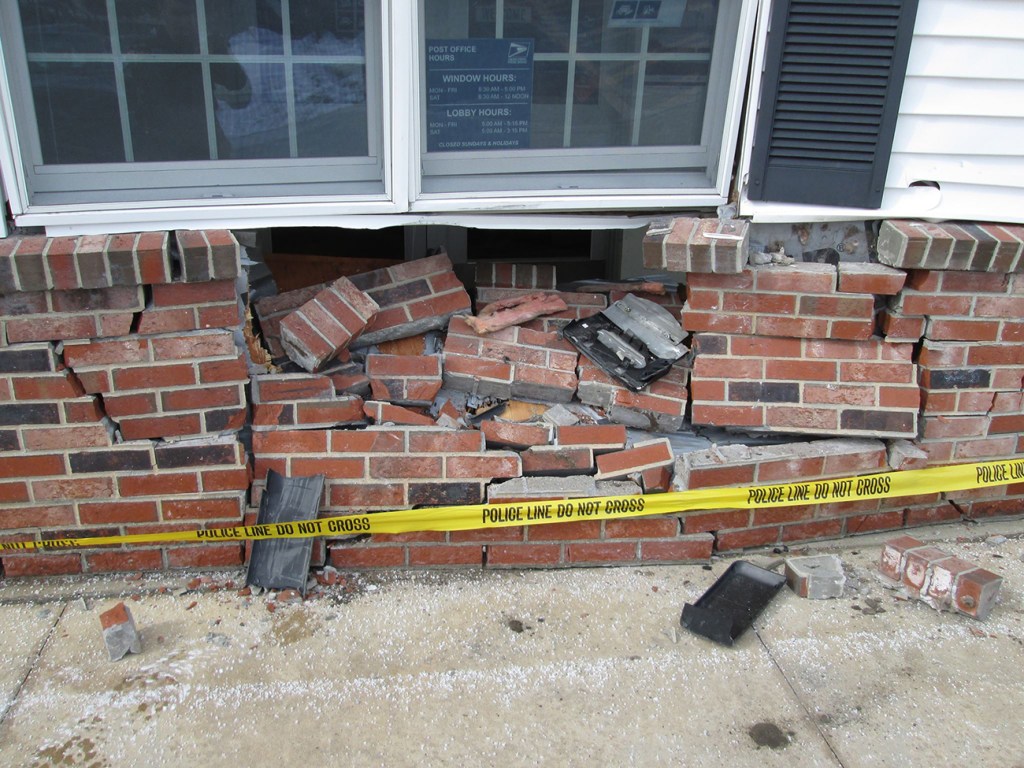 Exterior wall of the post office damaged by the truck. Courtesy Yarmouth police