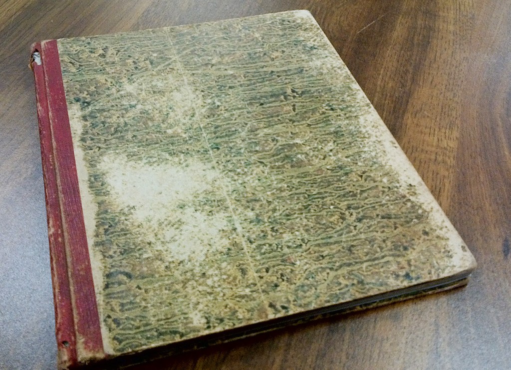 The Mattawamkeag ledger measures 6¾ inches by 8 ¼ inches, with a marble board cover and 80 paper sheets of neat script writing. It was started at the end of the Civil War and was used to record information for five years, between 1864-68. Courtesy Maine Secretary of State's Office
