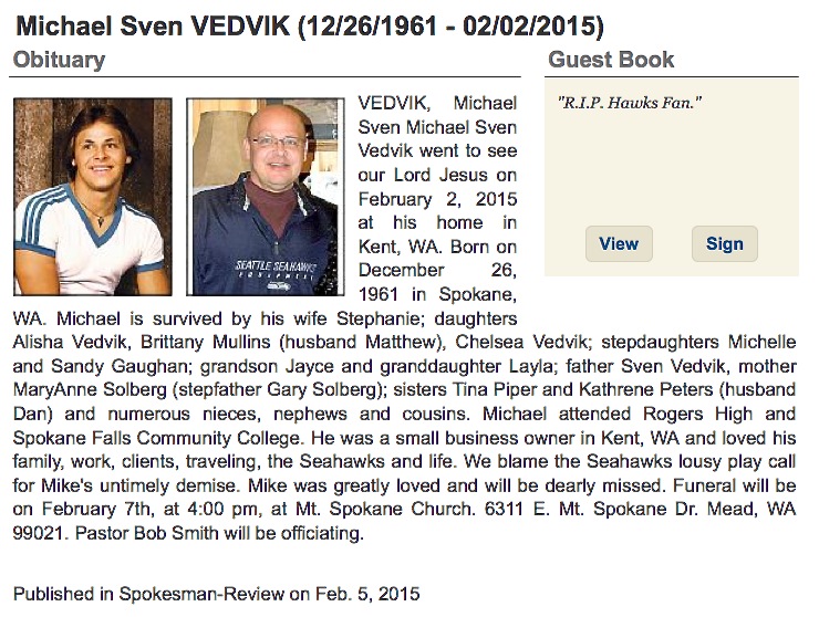 A screen image of Michael Vedvik's obituary on the Spokane Spokesman-Review's website.