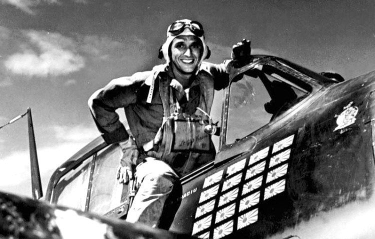 Lt.(jg) Alexander Vraciu in his F6F after the "Mission Beyond Darkness," Battle of the Philippine Sea, June 20, 1944. U.S. Navy photo