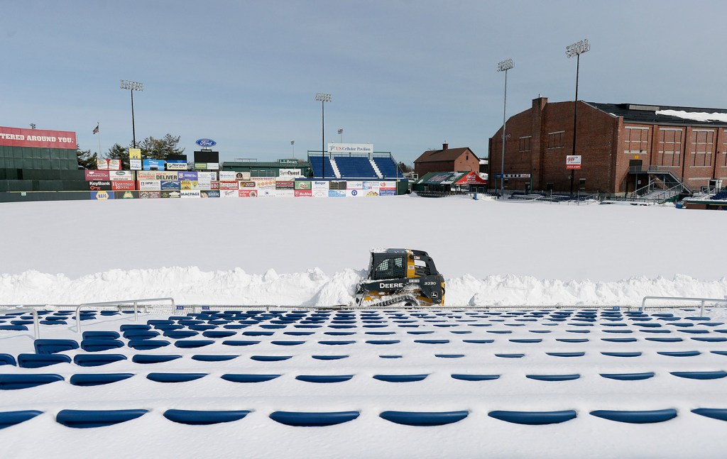 Hadlock Field groundskeeping crew members faced a layer of snow 40 inches deep when they began clearing snow on March 2. 