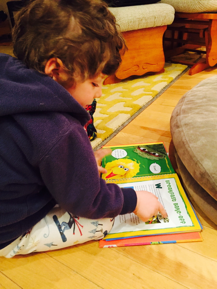 The author’s son, Theo, pores over “B is for Baking” by Susan McQuillan.