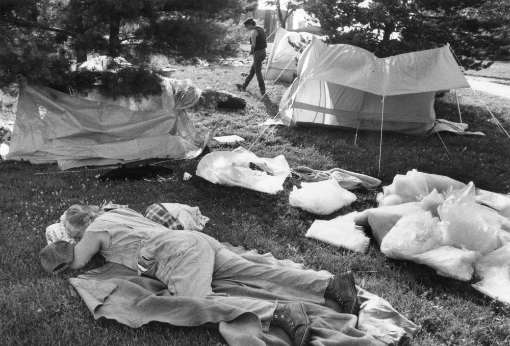 JULY 6, 1987: A man sleeps at a protest encampment in Portland’s Lincoln Park, when the crisis of homelessness  and financing of the city’s emergency shelters came to a head.