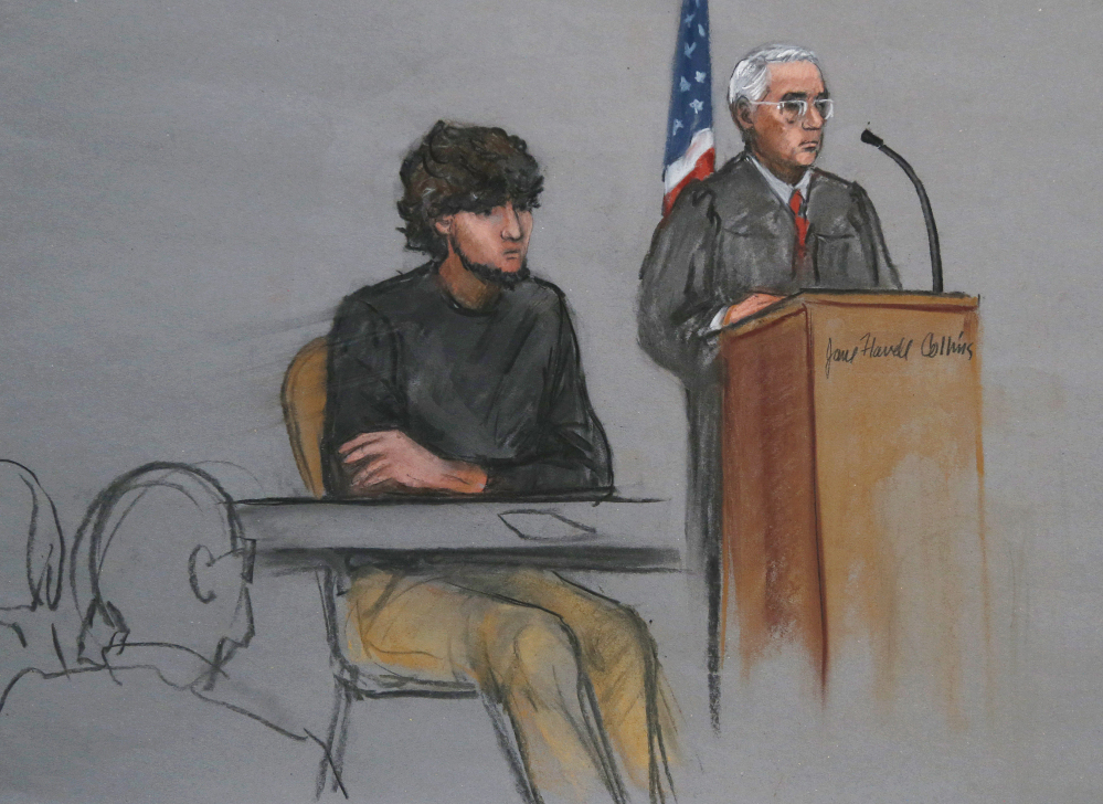 Boston Marathon bombing suspect Dzhokhar Tsarnaev is depicted beside U.S. District Judge George O’Toole Jr. as O’Toole addresses a pool of potential jurors in a jury assembly room at the federal courthouse in Boston in January. The panel has been selected.