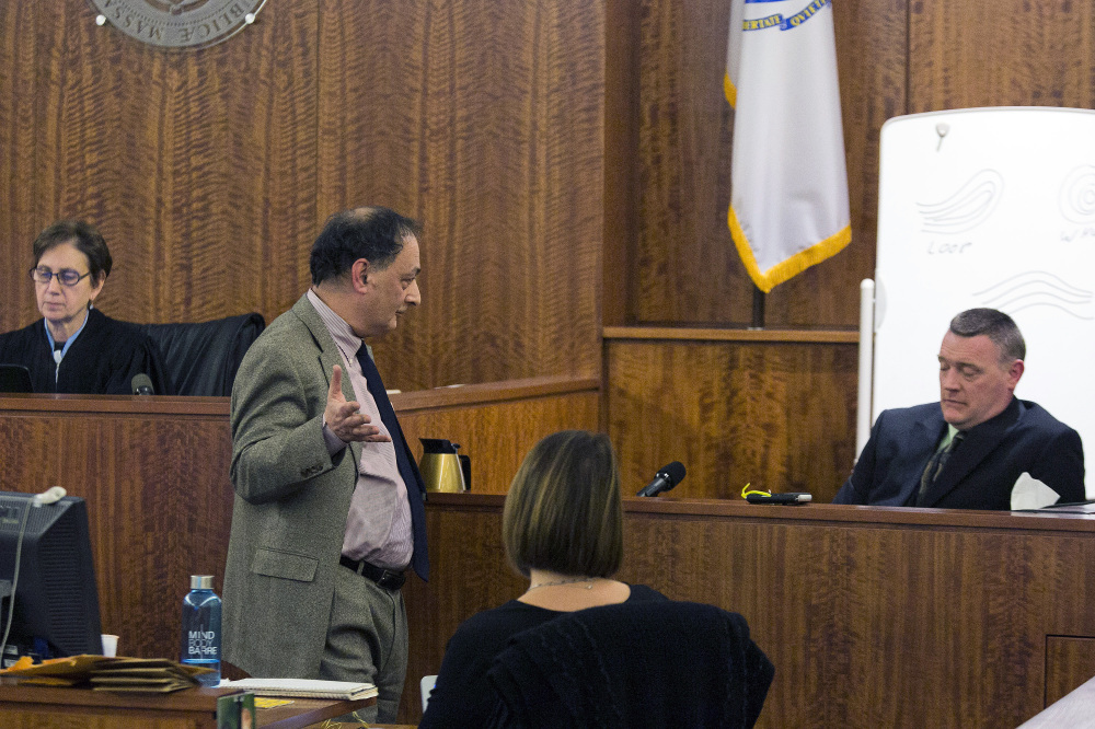 Defense attorney James Sultan cross-examines Massachusetts State Police Trooper David Mackin during the murder trial of former New England Patriots player Aaron Hernandez at Bristol County Superior Court on Tuesday in Fall River, Mass.