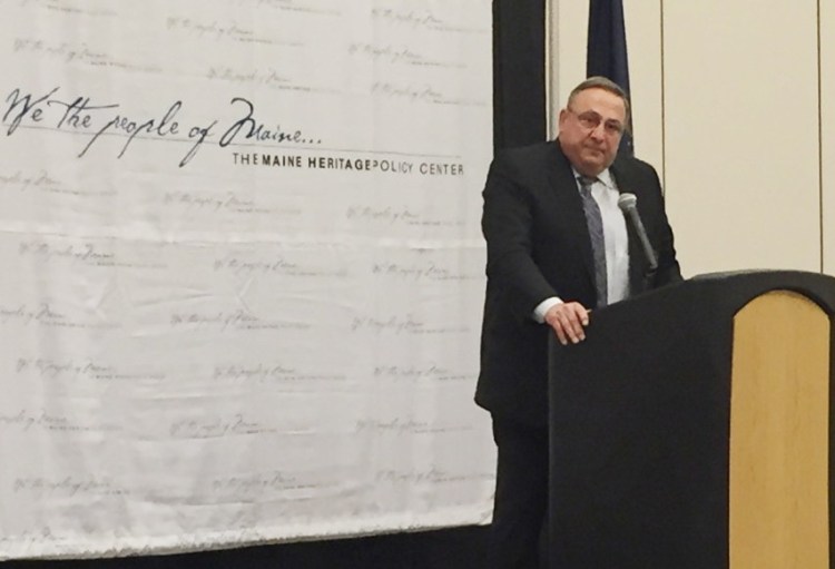 Gov. Paul LePage delivered a 40-minute speech Wednesday at the Cross Insurance Center in Bangor during a luncheon sponsored by the conservative Maine Heritage Policy Center. He called his budget and tax plan the first “attempt to really pay attention to Maine people,” and said it will lead to the “highest, fastest wage increase that all Mainers are going to receive.”
