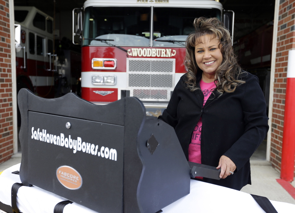 Monica Kelsey, a firefighter and medic who is president of Safe Haven Baby Boxes Inc., says her boxes would be a last resort for women. The boxes would be equipped with sensors and alarms that are triggered when a weight is inside the box.