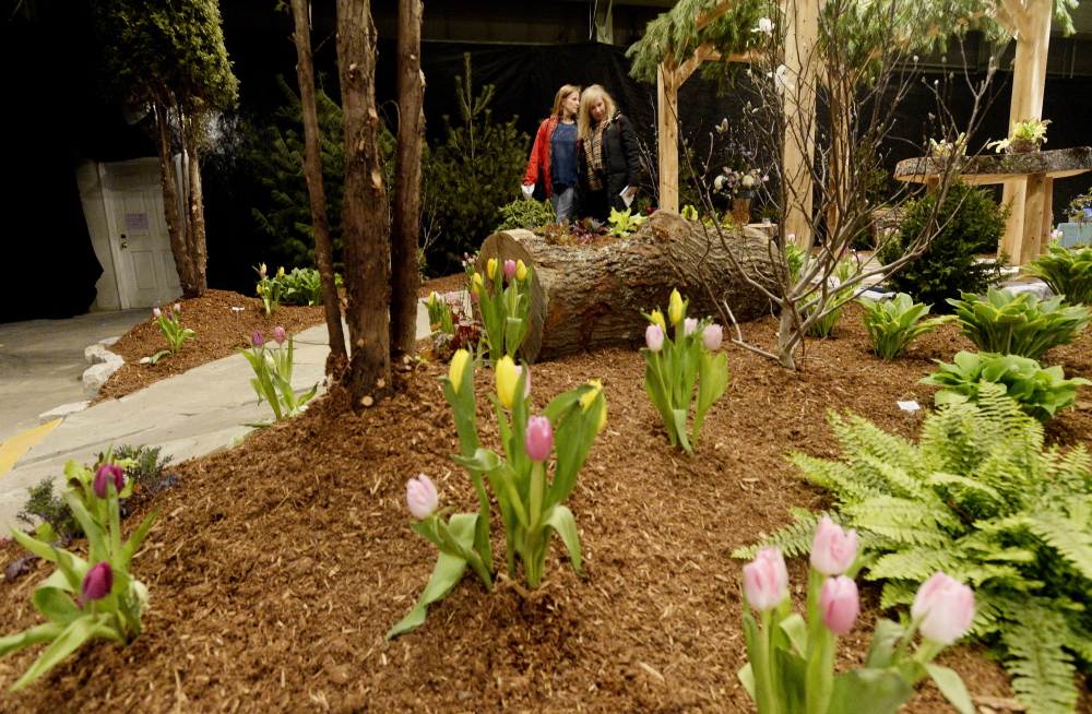 Deborah Casey, left, and Jane Mack of Cape Elizabeth look over a display by Zach Campbell of Campbell’s Landscape & Design at the Portland Flower Show on Friday. The two make the flower show an annual outing, Mack said. “We pretend we just got off a plane in Miami Beach.”