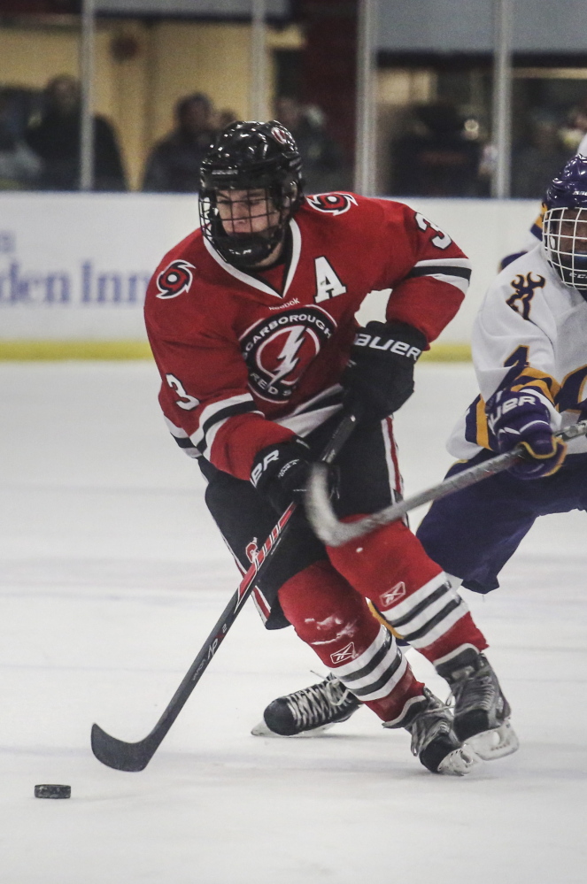 Scarborough High's Matt Caron, shown in action during the 2014-15 season, was named this year's winner of the Travis Roy Award.
