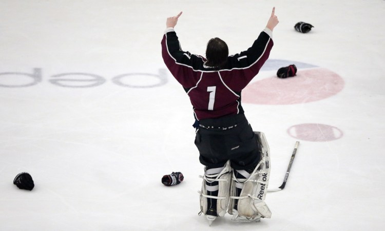 Gorham goalie Noah Bird hopes the No. 1 sign he showed after beating Kennebunk in the Western Class B final will be repeated Saturday afternoon when the Rams take on powerful Messalonskee in a rematch of last year’s state championship game.