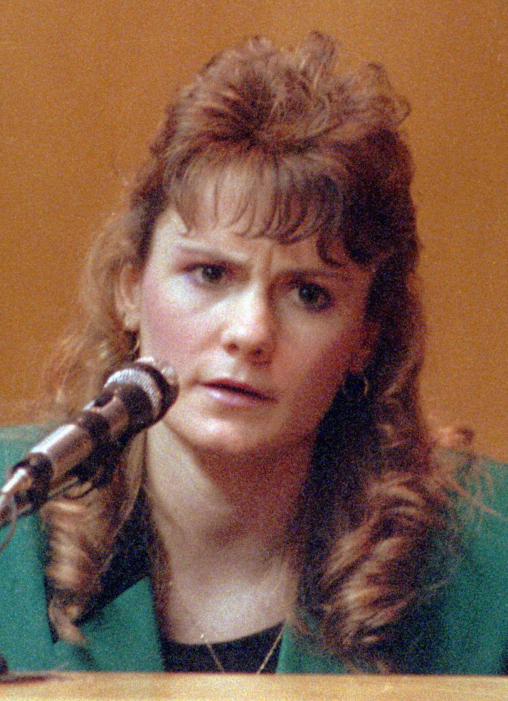 Pamela Smart, testifies in Rockingham County Superior Court in Exeter, N.H., in 1991. Smart was convicted of conspiring with her 15-year-old lover, William "Billy" Flynn, to kill her 24 year-old husband, Gregg Smart, on May 1, 1990, in Derry, N.H. Smart is serving a life without parole sentence. The Associated Press
