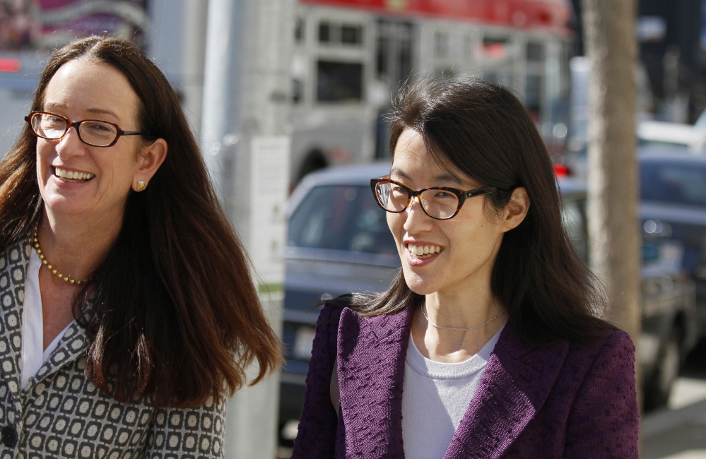 Ellen Pao, right, and her attorney, Therese Lawless. The firm says it repeatedly noted in job evaluations that Pao didn’t get along with people.