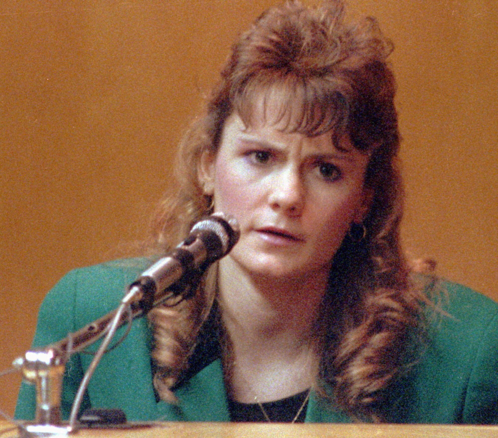 Pamela Smart testifies in Rockingham County Superior Court in Exeter, N.H., in 1991. Smart was convicted of conspiring with her then 15-year-old lover, William "Billy" Flynn, to kill her 24-year-old husband, Gregg Smart. Smart is serving a life without parole sentence. Flynn was granted parole, Thursday, March 12, 2015, by the state parole board in Concord, N.H. Jim Cole/Associated Press 
