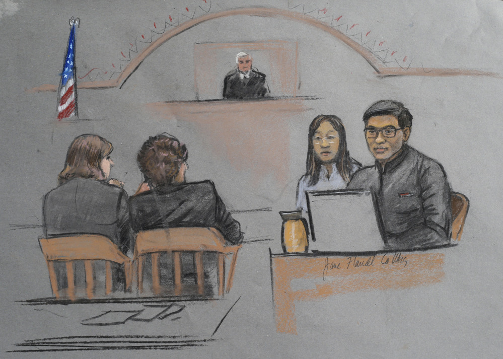 In this courtroom sketch, Dun Meng, far right, testifies with a translator at his side during the trial of Boston Marathon bombing suspect Dzhokhar Tsarnaev in Boston on Thursday. Meng described his harrowing ride at gunpoint with the Boston Marathon bombers and the moment he made “the most difficult decision” of his life, to bolt from the car.