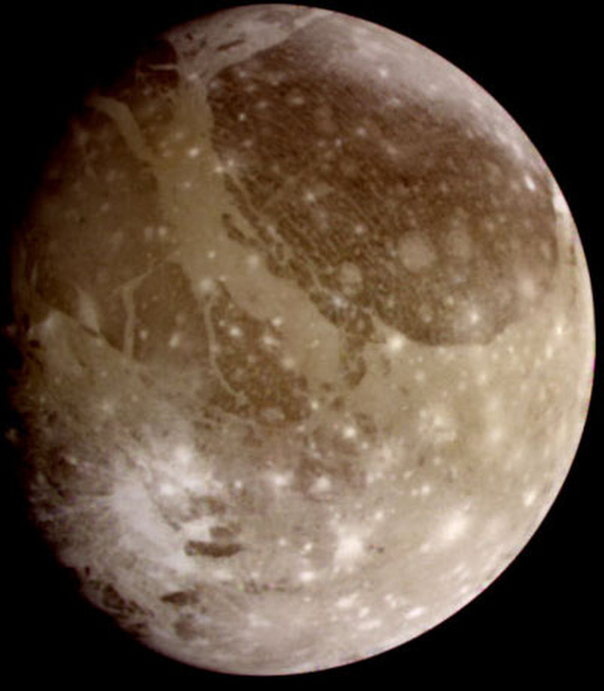 This June 2000 image provided by NASA taken by NASA’s Galileo spacecraft shows Ganymede, Jupiter’s largest moon. Scientists reported Thursday, March 12, 2015 there’s evidence of an ocean beneath the icy surface of Ganymede based on new observations by the Hubble Space Telescope.