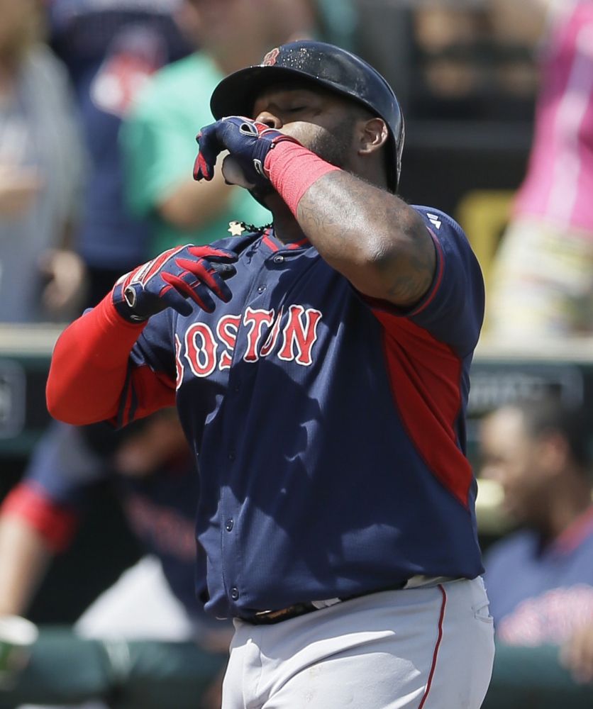 Pablo Sandoval looks skyward after hitting his first home run for the Red Sox, a solo shot in the third that put Boston ahead 4-1 during Thursday’s win over Pittsburgh.