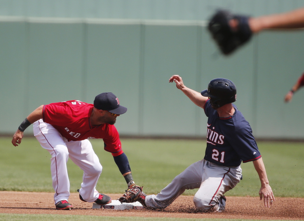 Minnesota’s Shane Robinson steals second as Boston’s Dustin Pedroia is late with the tag in the first inning Wednesday in a spring training game at Fort Myers, Fla. The Red Sox beat Minnesota’s split-squad team, 3-2.