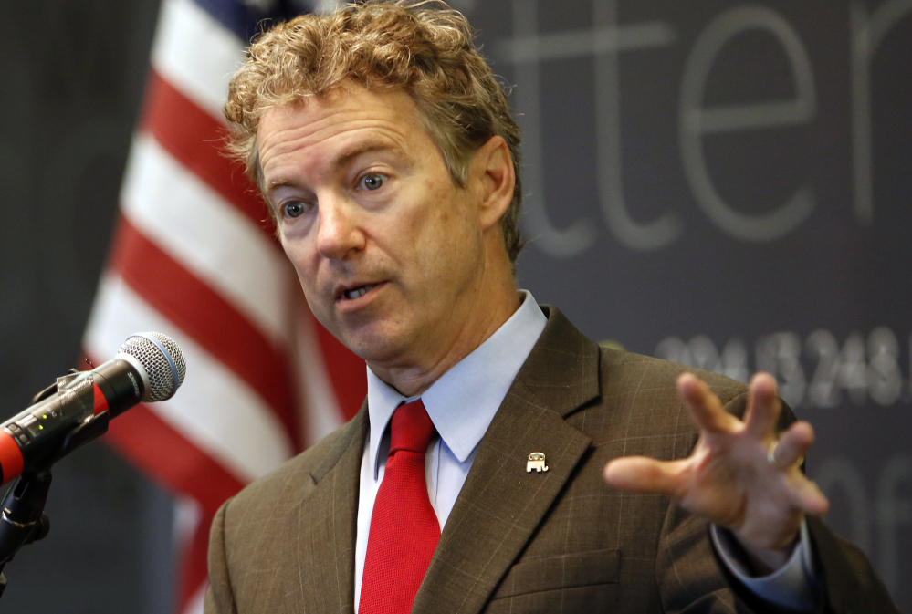 Sen. Rand Paul, R-Ky., speaks to employees at Dyn, an internet performance company, on Friday in Manchester, N.H. Paul is expected to announce his presidential candidacy on April 7.
