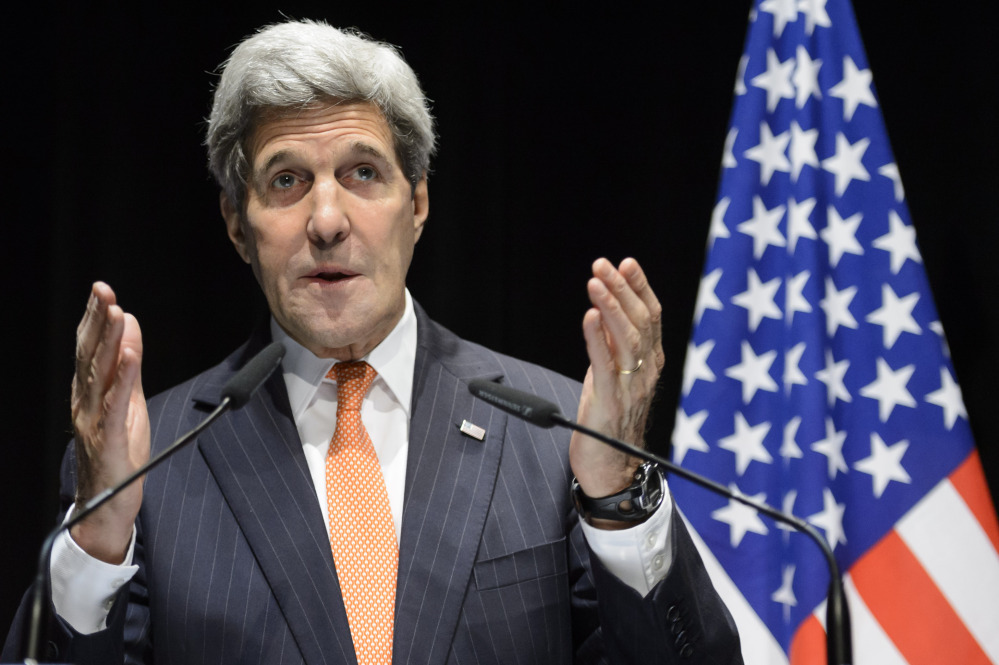 U.S. Secretary of State John Kerry speaks during a  news conference after bilateral meetings with Iranian Foreign Minister Mohammad Javad Zarif  about  Iran’s nuclear program,  in Lausanne, Switzerland, on Saturday.