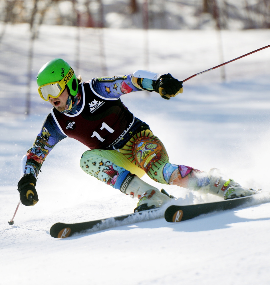 Curtis Paradis of Biddeford makes his way down the slalom course at Mt. Abram during the Class A skiing state championships in February. Paradis won the giant slalom this year to finish his high school career with three state titles.