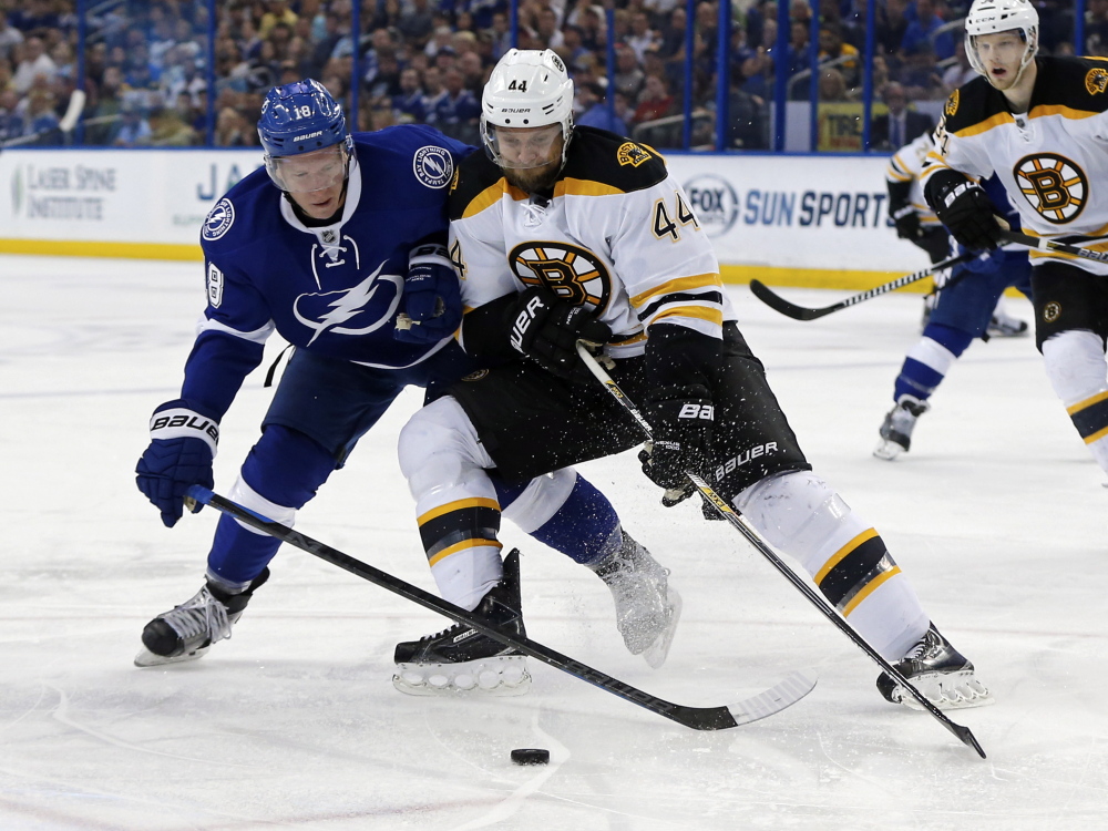 Tampa Bay Lightning's Ondrej Palat battles for the puck with Boston Bruins' Dennis Seidenberg during the second period Sunday in Tampa, Fla. The Associated Press