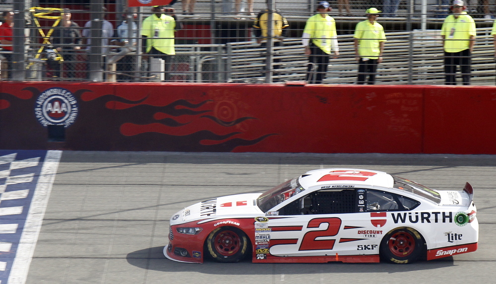 Brad Keselowski seized the lead late from Kurt Busch and held off Kevin Harvick to earn his first NASCAR Sprint Cup Series victory of the season on Sunday in Fontana, Calif.