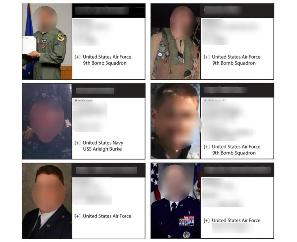 A blurred screenshot shows some of the military service members targeted by the “Islamic State Hacking Division.”