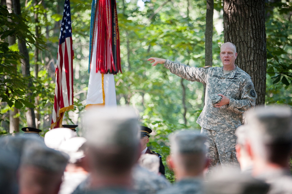 Adjutant General James D. Campbell for the Maine National Guard offers remarks during a 150th Anniversary Little Round Top Ceremony on July 17, 2013.  During the Battle of Gettysburg, the 20th Maine played a decisive role in staving off the advances of the Confederate army, possibly securing a Union victory at Gettysburg and changing the course of the Civil War.   John Boal photo/for the Press-Herald