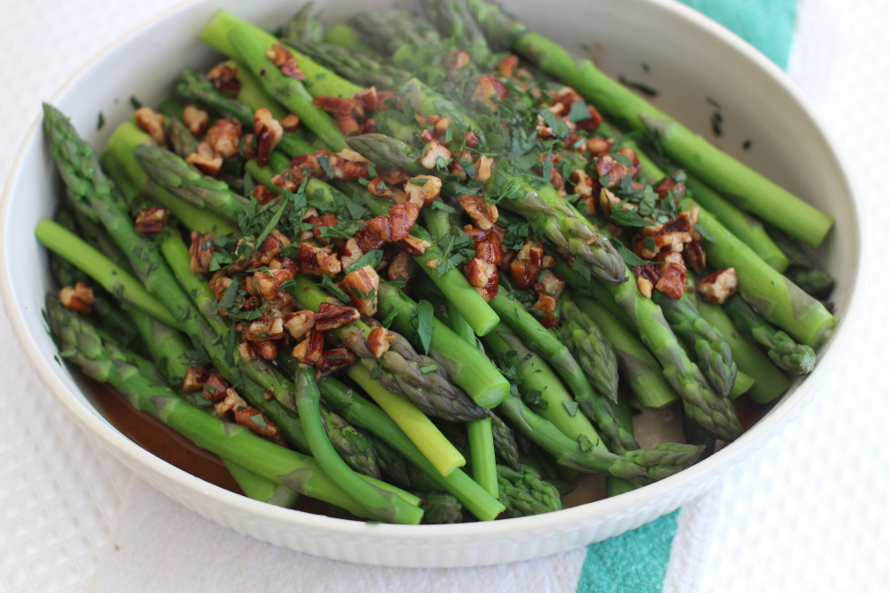 A bit of soy sauce adds flavor to Brown Butter Asparagus with Pecans.