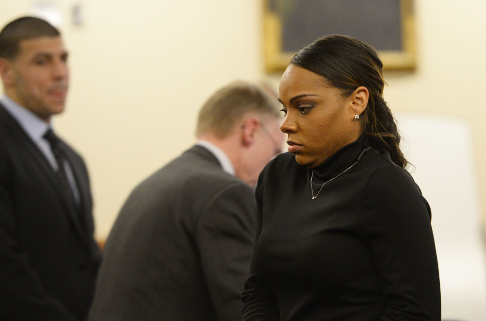 Shayanna Jenkins, fiancee of former New England Patriots player Aaron Hernandez, walks away after testifying at Hernandez’s trial on Friday in Fall River, Mass.