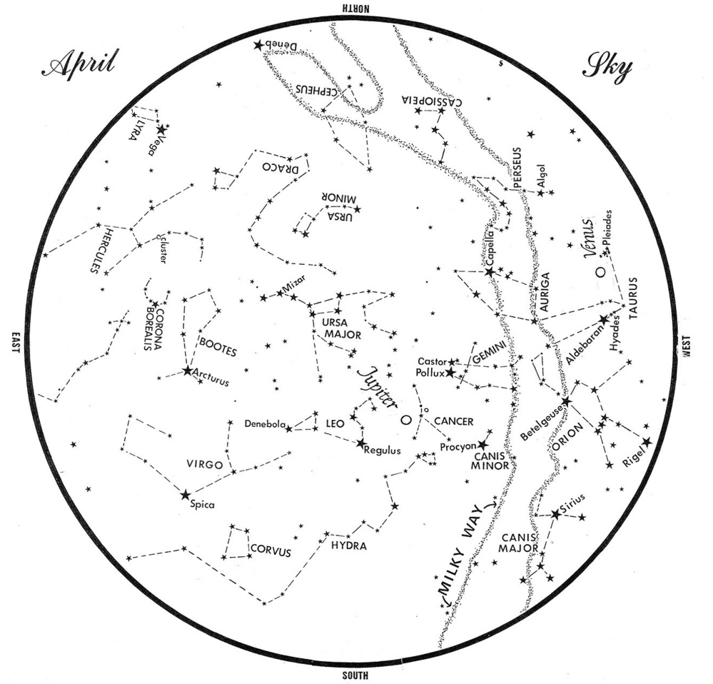 This chart represents the sky as it appears over Maine in April. The stars are shown as they appear at 10:30 p.m. early in the month, at 9:30 p.m. at midmonth and at 8:30 p.m. at month’s end. Jupiter and Venus are shown in their midmonth positions. To use the map, hold it vertically and turn it so that the direction you are facing is at the bottom.