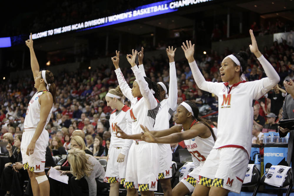 The Maryland bench reacts to a play during the second half of a regional semifinal game against Duke in the NCAA tournament Saturday in Spokane, Wash. Maryland won 65-55.