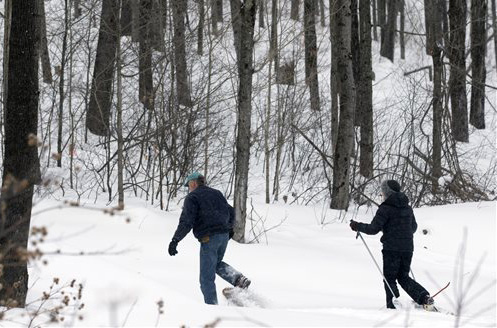 Dev Kernan and his wife Karen Butler snowshoe on family property along the proposed path of the Constitution Pipeline in Harpersfield, N.Y. The 124-mile Constitution Pipeline will slash a mile-long gash through a pristine forest tended by the Kernan family for seven decades. The Associated Press