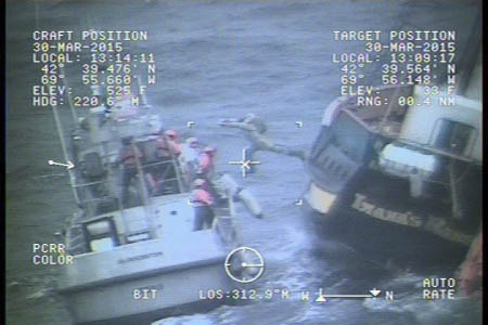 Coast Guard lifeboat crews directed the crew of Liana's Ransom to don immersion suits and prepare to abandon ship. Nine crewmembers were rescued from the Canadian tall ship 58 miles east of Gloucester, on Monday after the vessel's engines stopped and its sails became wrapped around the mast. 