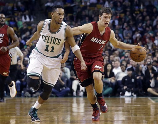 Miami Heat guard Goran Dragic dribbles downcourt as he is fouled by Boston Celtics guard Evan Turner. (AP Photo/Elise Amendola)