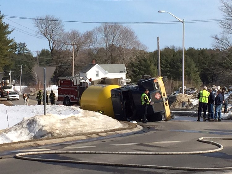 A propane truck that tipped over blocks the intersection of New Portland Road and Libby Avenue on Tuesday afternoon.