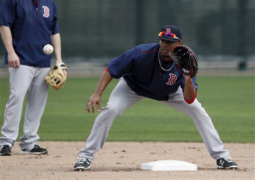 Red Sox shortstop Xander Bogaerts prepares to field a ground ball during infielder drills in Fort Myers Fla., on Feb. 23. On Sunday, Bogaerts homered and drove in four runs in the Red Sox win over the New York Mets. The Associated Press
