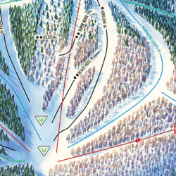 An excerpt of the Sunday River trail map shows the Black Hole trail near the base of the Aurora Peak ski trails.