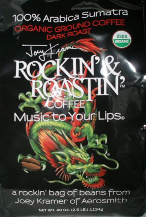 Joey Kramer's Rockin' & Roastin' 100% Arabica Sumatra Organic Ground Coffee Dark Roast in a 40- ounce package.