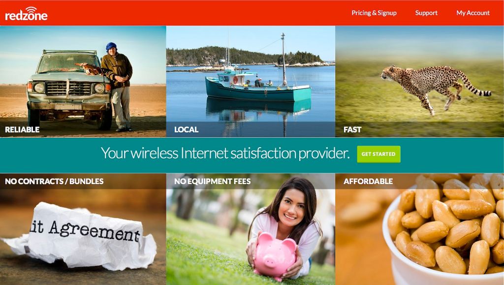 The homepage of Redzone Wireless LLC's website touts selling points of the company's broadband service, including "No Contracts/Bundles" and "No Equipment Fees."