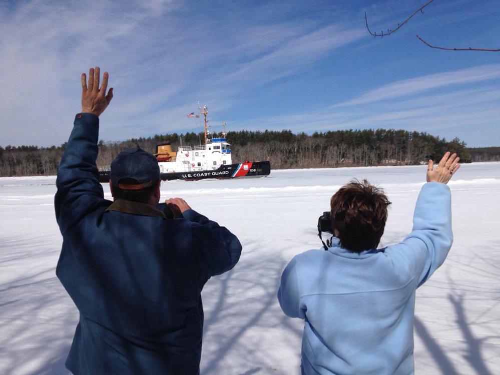 The U.S. Coast Guard cutter Thunder Bay breaks ice on the Kennebec River on Wednesday morning near Richmond.