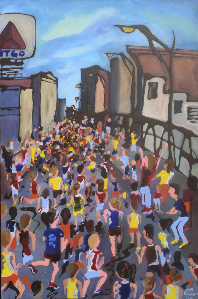 Runners surge past Boston’s iconic Citgo sign as they head toward the Boston Marathon finish in “The Home Stretch,” a painting by Hope Phelan.