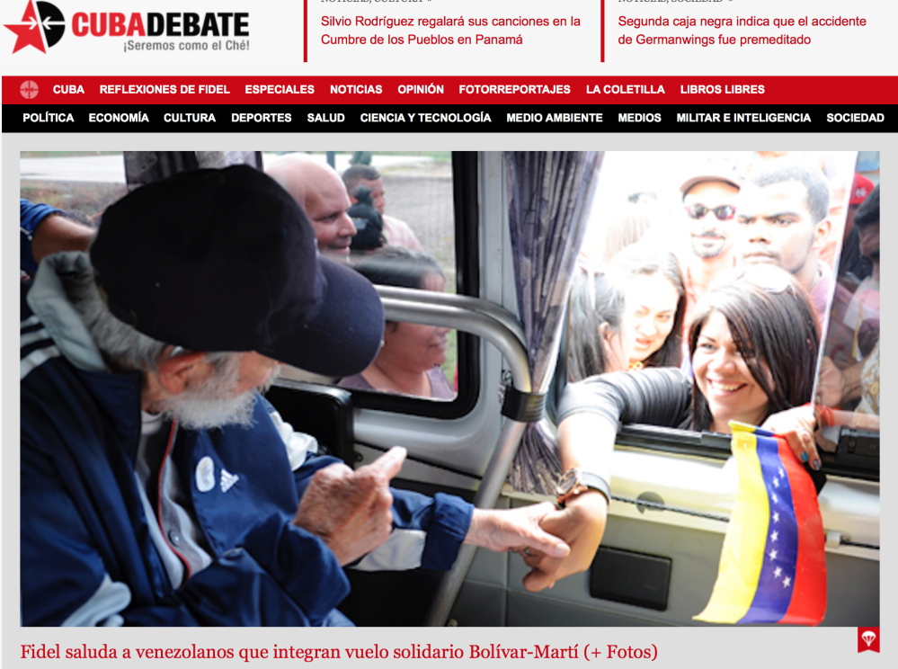 A screenshot of Cuba’s website Cubadebate shows Fidel Castro in Havana on Monday, the first time he has appeared in public for more than a year. The website says the former president showed up to greet a group of Venezuelans visiting the capital. Cubadebate published four images Friday that show Castro sitting inside a vehicle, each with a different person stretching an arm through the window to shake his hand. Castro’s face is largely obscured by a dark-colored baseball cap.