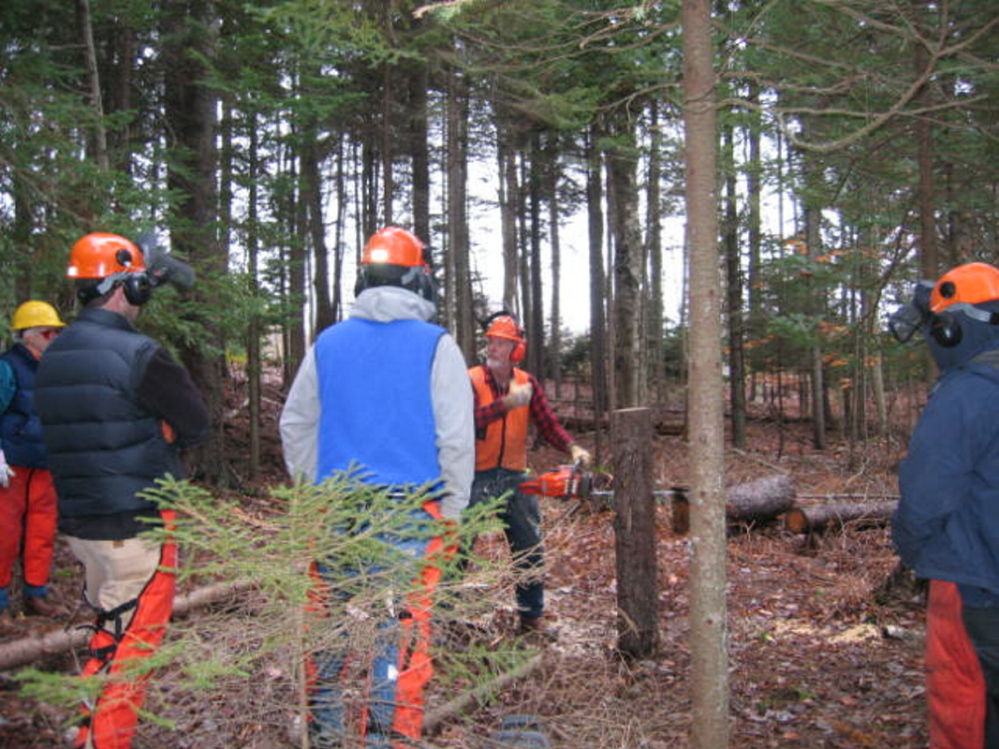 Instructor John Cullen demonstrates safe chain saw practices to a group of students. He will lead a Women’s Chain Saw Safety Class at Hidden Valley Nature Center in Jefferson on April 18 and 19.