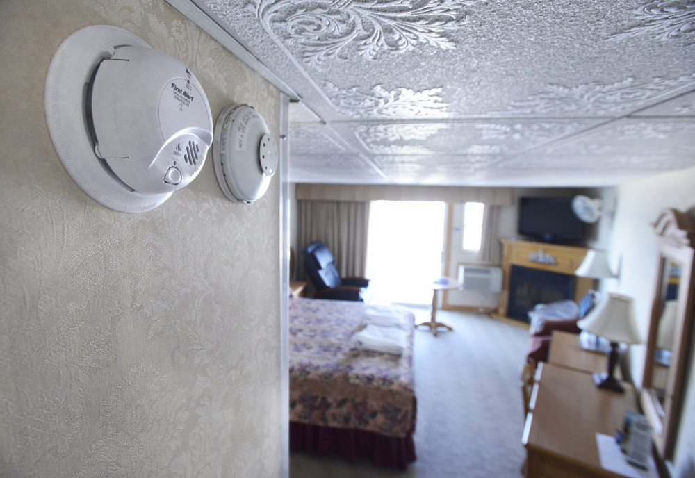 Lafayette’s Oceanfront Resort on Wells Beach has combination smoke and carbon monoxide detectors, left, and heat detectors, right, in all of its rooms.