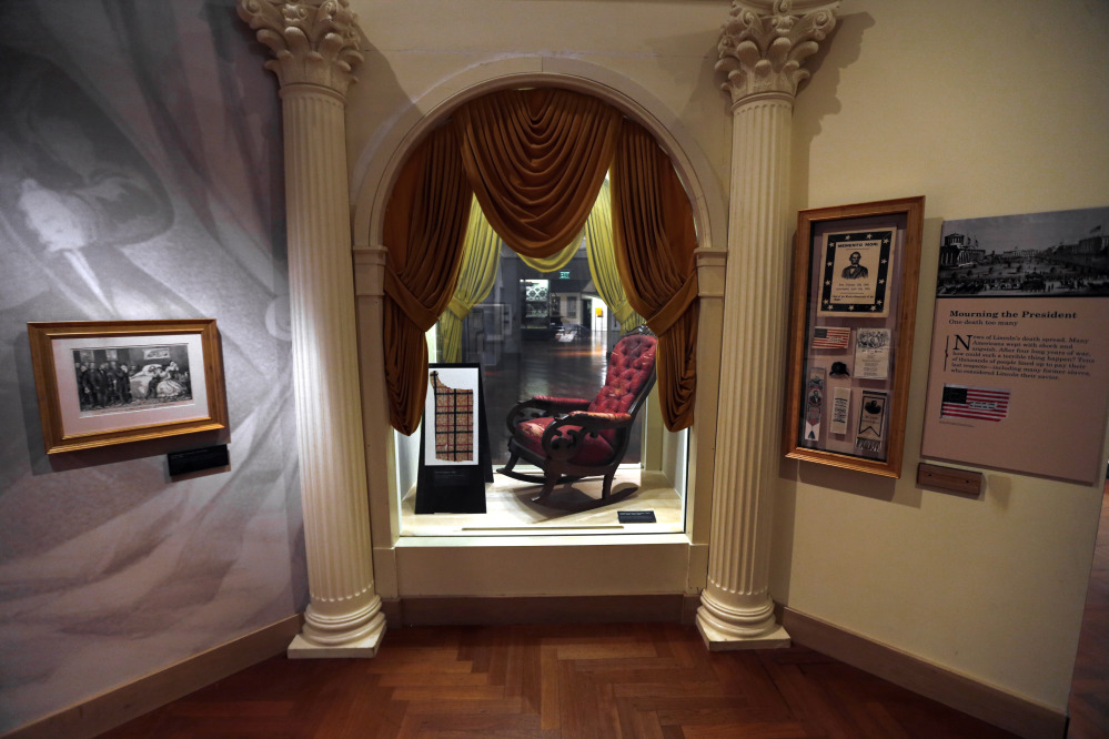 The chair in which President Abraham Lincoln was assassinated on April 14, 1865, is on display at the Henry Ford Museum in Dearborn, Mich.