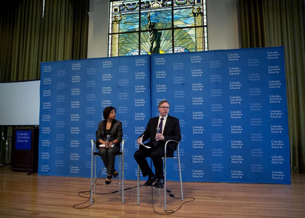 Columbia University Academic Dean Sheila Coronel, left, and Columbia University Dean Steve Coll, attend a news conference to discuss findings of a report conducted at the Columbia School of Journalism surrounding Rolling Stone magazine’s expose of what it called a culture of sex assaults at the University of Virginia, Monday.