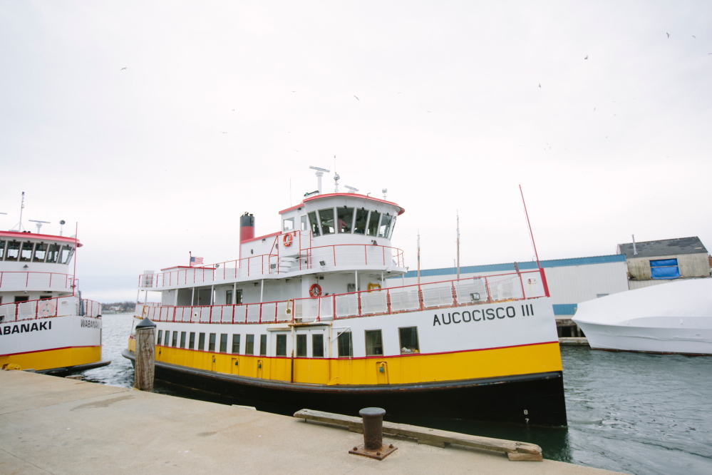 Casco Bay Lines’ Aucocisco III ferry departs for Long Island on Wednesday. John Richio of Portland went overboard on the ferry Tuesday afternoon, and was rescued by the crew of a passing fishing vessel.
