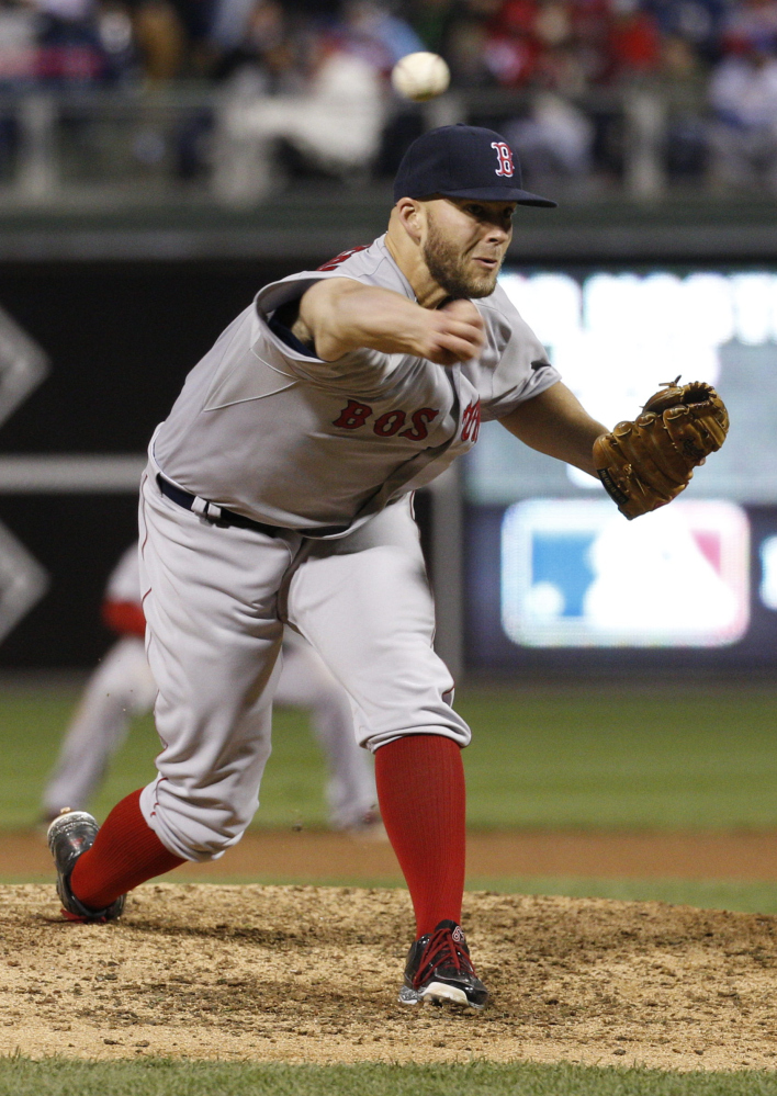 Red Sox starting pitcher Justin Masterson throws a pitch in the sixth inning of Boston’s win Thursday night against the Philadelphia Phillies. Masterson held the Phillies to two runs and three hits in six innings in his first start for the Red Sox since 2009.